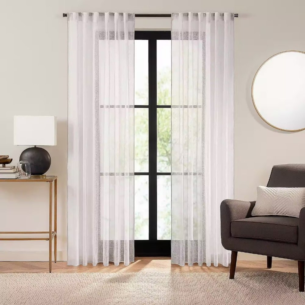 Fieldcrest Luxury Linen Border Stripe Sheer Rod Pocket Back Tab Single Curtain